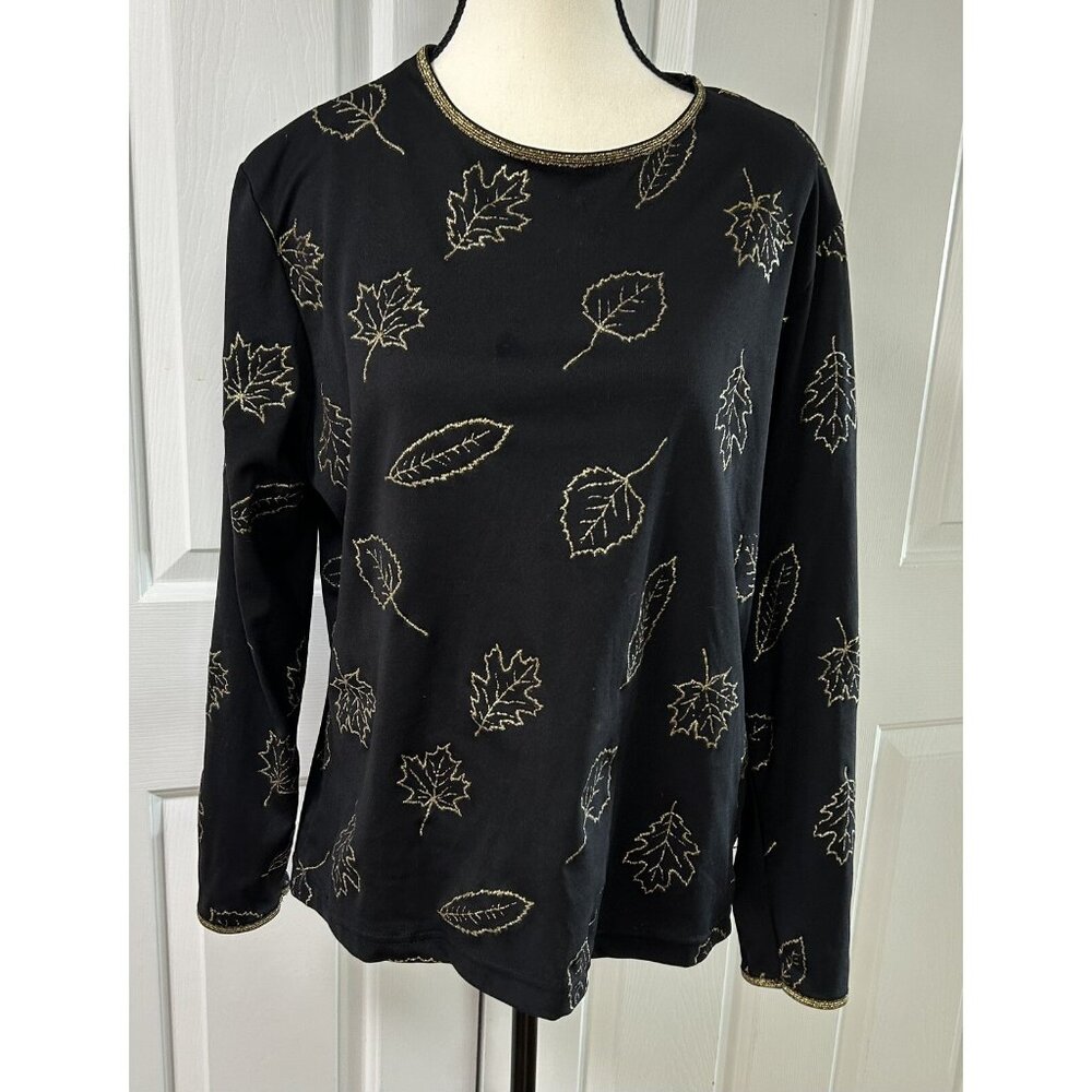 Blair Black & Gold Glitter Leaf Design Long Sleeve Blouse size Large Vintage B40